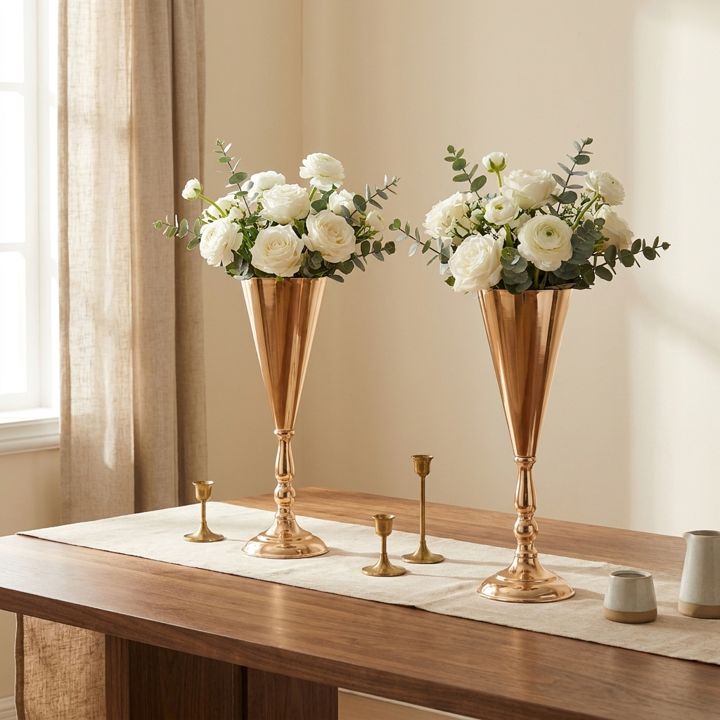 2 Pcs Golden Vase Flower Wedding Centerpieces styled in a warm modern interior