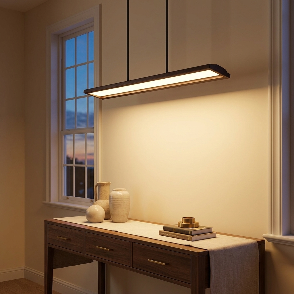 51-inch Walnut Wood Modern LED Pendant Light styled in a warm modern interior