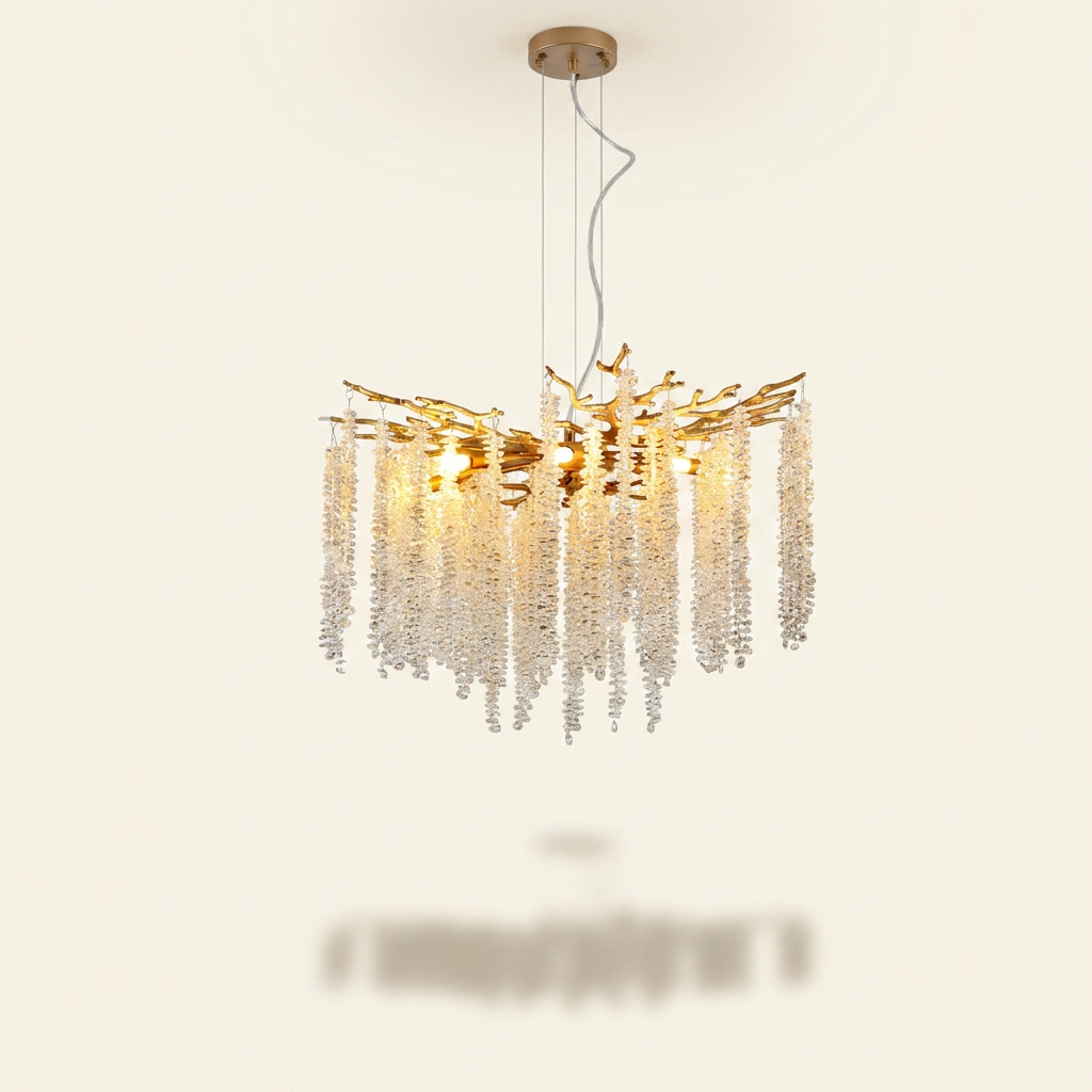 24-inch Modern Golden Pendant Light With Cascading Crystal Strands on a warm cream background