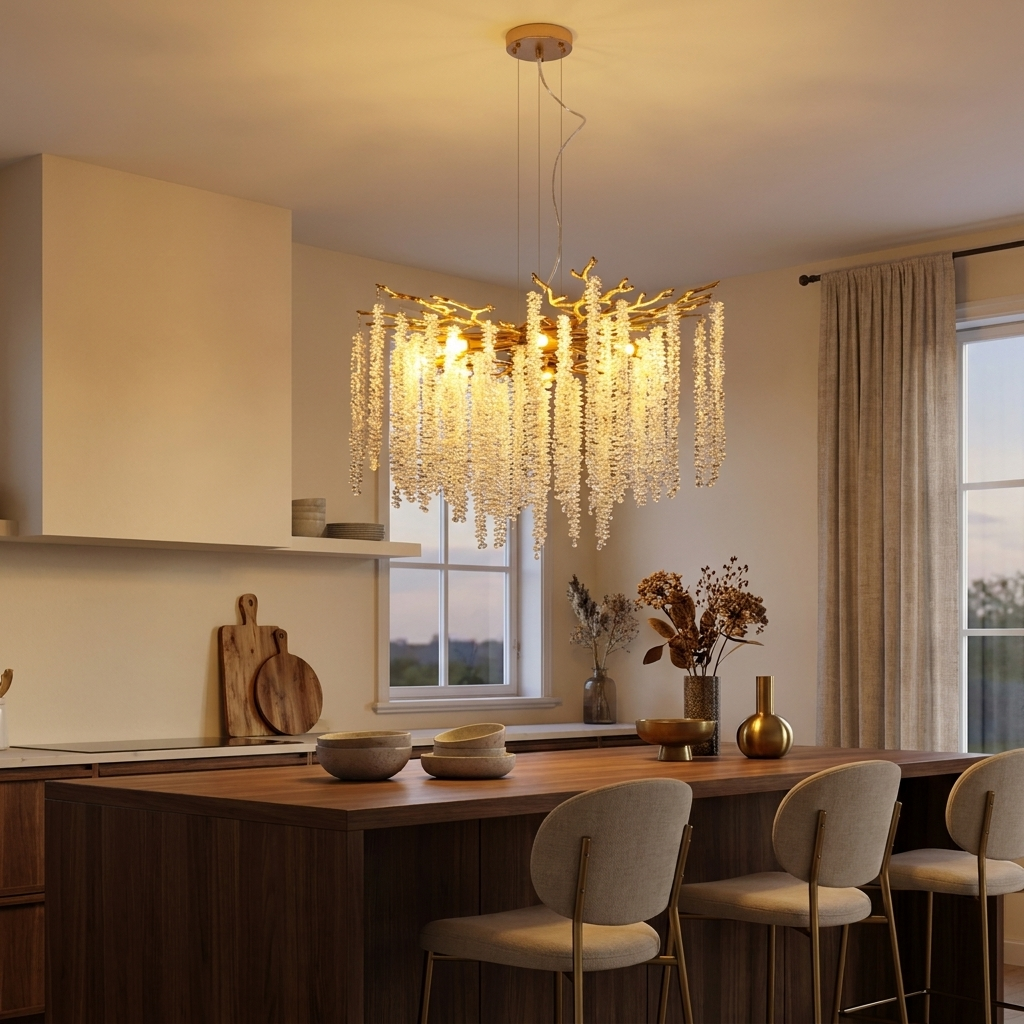 24-inch Modern Golden Pendant Light With Cascading Crystal Strands styled in a warm modern interior