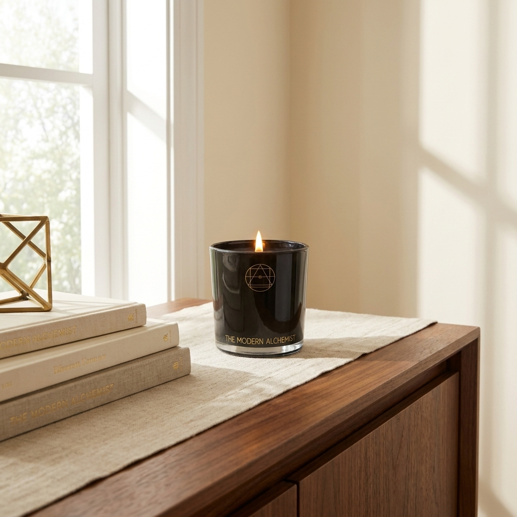 THE MODERN ALCHEMIST Premium 300g Soy Wax Scented Candle styled in a warm modern interior