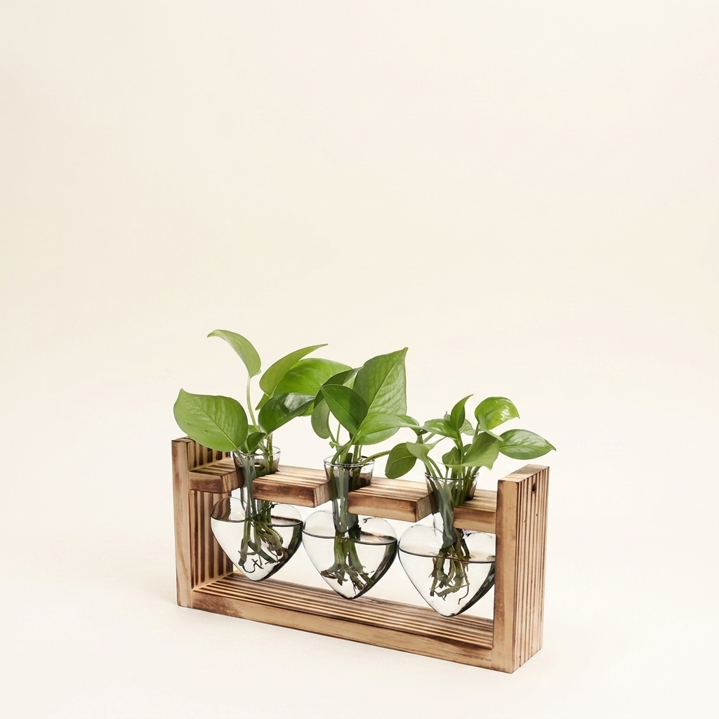 1Pc Plant Terrarium Propagation Station With 3 Heart Shaped Vases Wood on a warm cream background