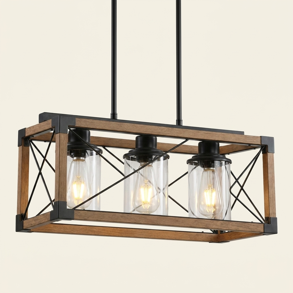 32 Inch Walnut Industrial Farmhouse Rectangle Pendant Light on a warm cream background