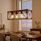 32 Inch Walnut Industrial Farmhouse Rectangle Pendant Light styled in a warm modern interior