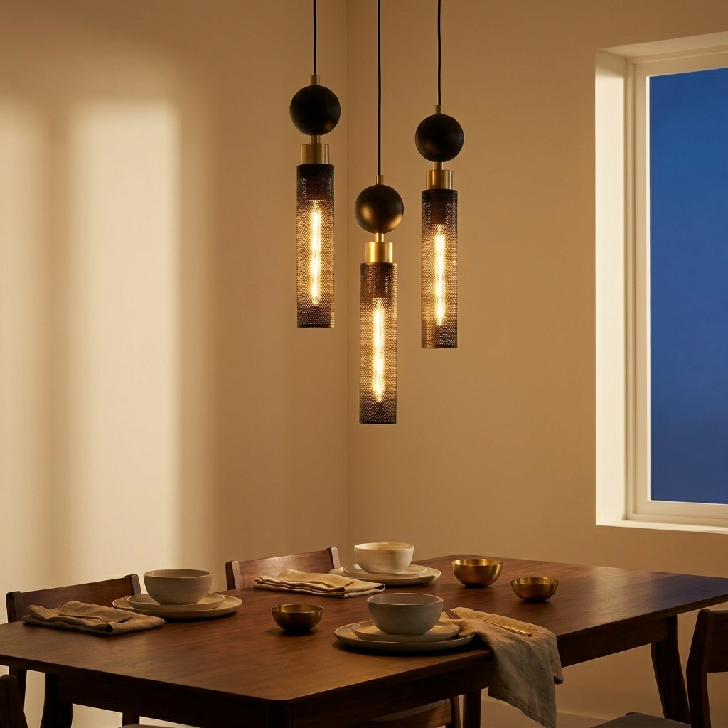 Modern Black Wrought Iron Pendant Light For Kitchen Island styled in a warm modern interior