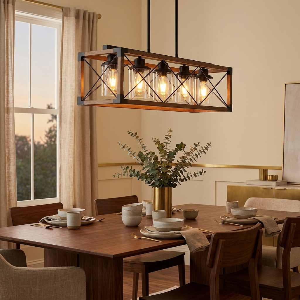 32 Inch Walnut Industrial Farmhouse Rectangle Pendant Light styled in a warm modern interior