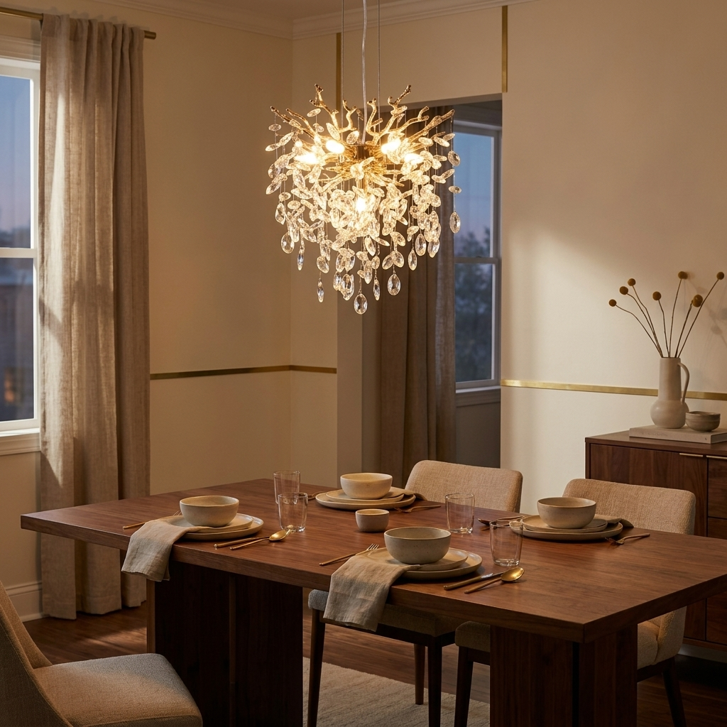 Modern Tree Branch Crystal Chandelier Luxury Gold Crystal Pendant Ligh styled in a warm modern interior