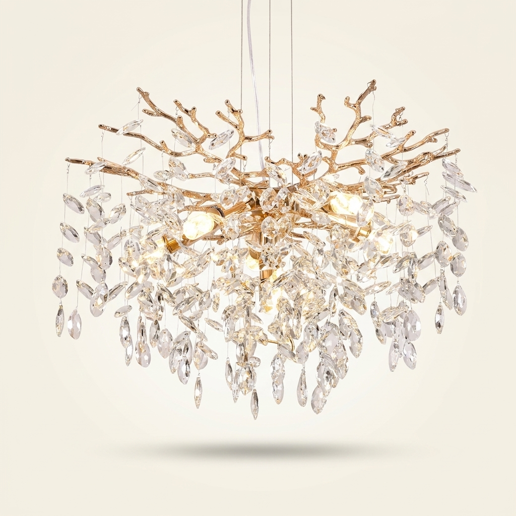 Modern Tree Branch Crystal Chandelier Luxury Gold Crystal Pendant Ligh on a warm cream background
