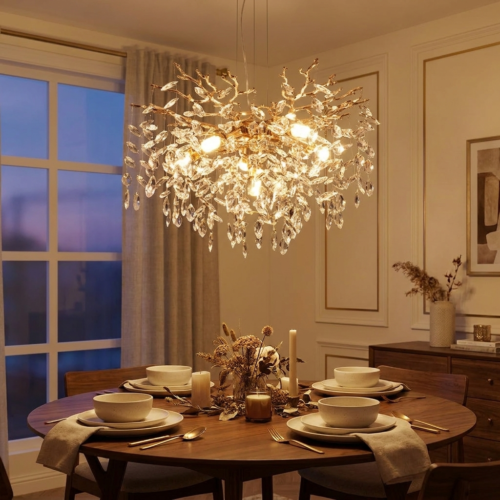 Modern Tree Branch Crystal Chandelier Luxury Gold Crystal Pendant Ligh styled in a warm modern interior