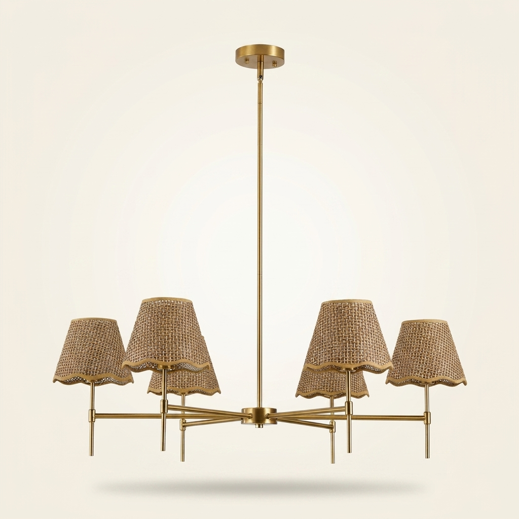 Boho Rattan Chandelier 6-Lights Rustic Industrial Pendant Light Large on a warm cream background