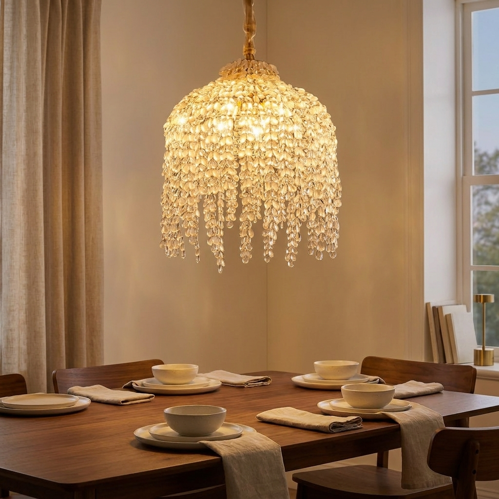 16 Inch 5-Light Crystal Pendant Light Chandelier- Elegant Waterfall De styled in a warm modern interior