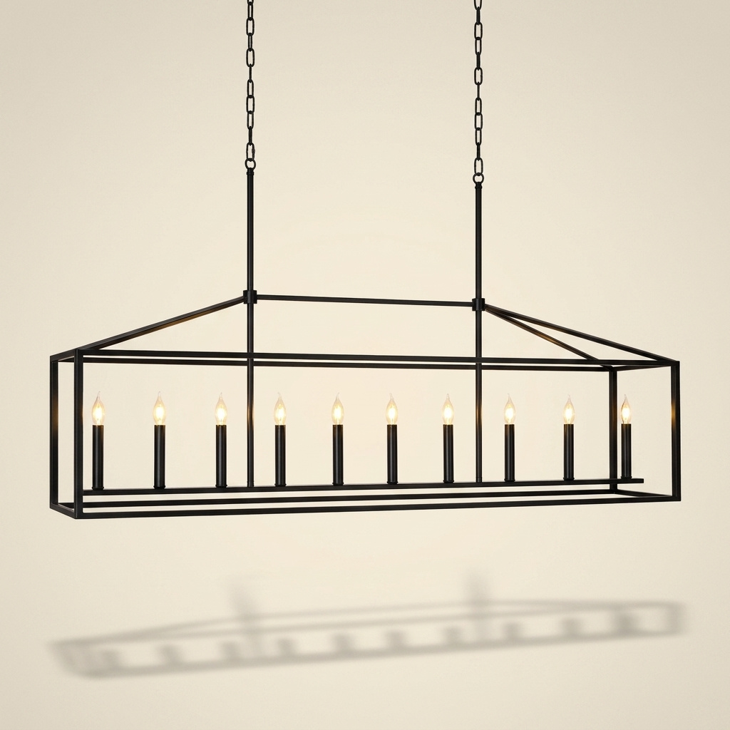 10 Lights Farmhouse Black Chandelier Rectangular Linear Pendant Lighti on a warm cream background