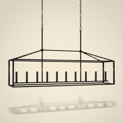 10 Lights Farmhouse Black Chandelier Rectangular Linear Pendant Lighti on a warm cream background