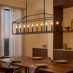 10 Lights Farmhouse Black Chandelier Rectangular Linear Pendant Lighti styled in a warm modern interior