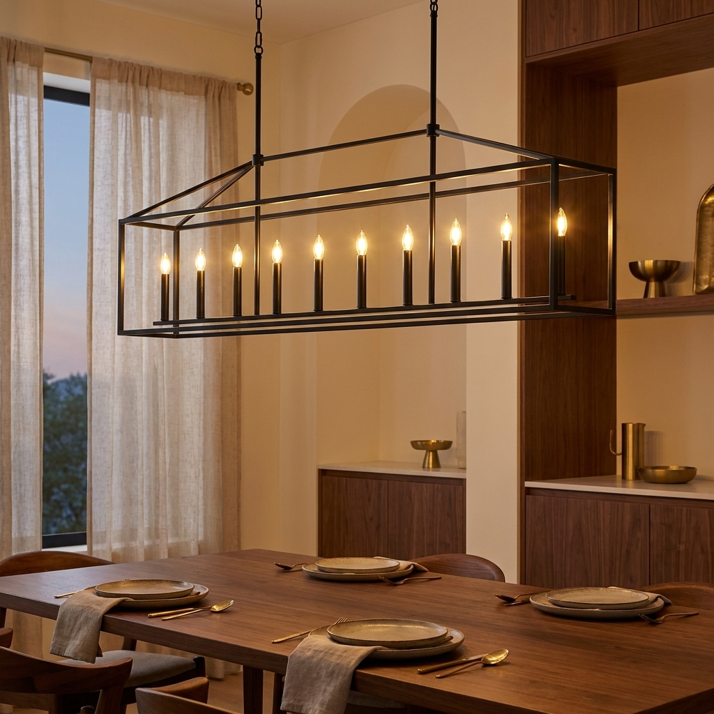 10 Lights Farmhouse Black Chandelier Rectangular Linear Pendant Lighti styled in a warm modern interior