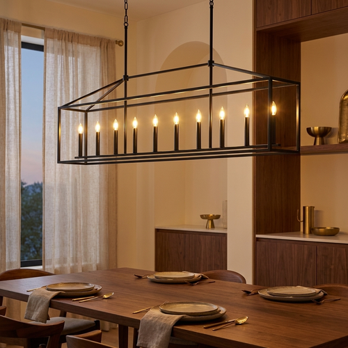 10 Lights Farmhouse Black Chandelier Rectangular Linear Pendant Lighti styled in a warm modern interior