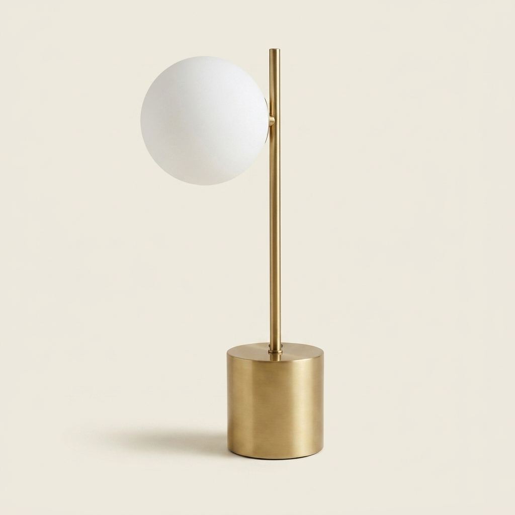 Ethereal Modern Small Brass Metal Table Lamp With White Glass Globe Sh on a warm cream background