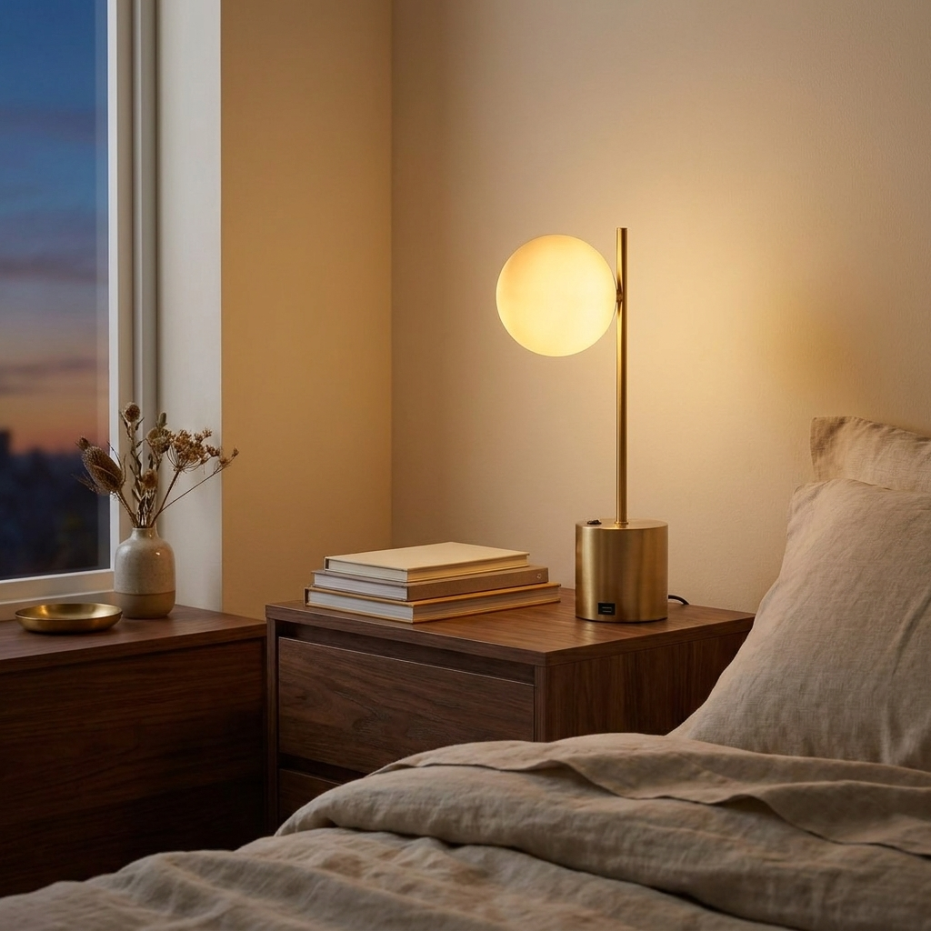 Ethereal Modern Small Brass Metal Table Lamp With White Glass Globe Sh styled in a warm modern interior