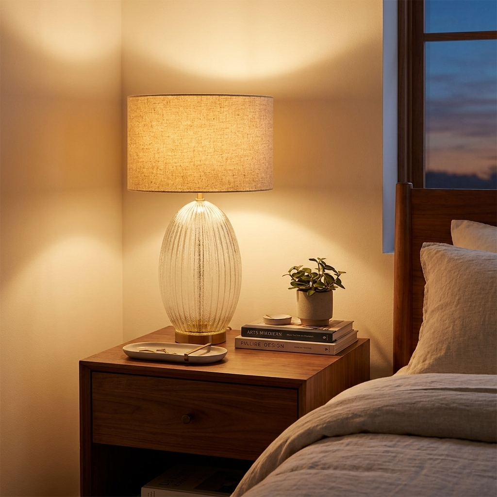 Aurora Ribbed Glass Lamp Base Clear Table Lamp Large Linen Shade styled in a warm modern interior