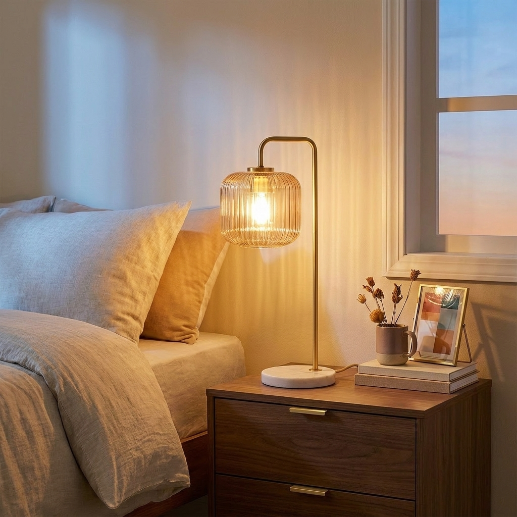 Haven Clear Glass Table Lamp With Gold Brush Metal And Marble Base styled in a warm modern interior