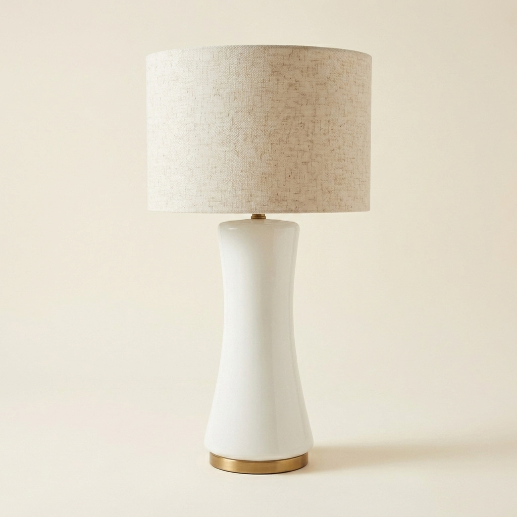 Cascade Glass Lamp Golden Base Off White Glass Table Lamp on a warm cream background
