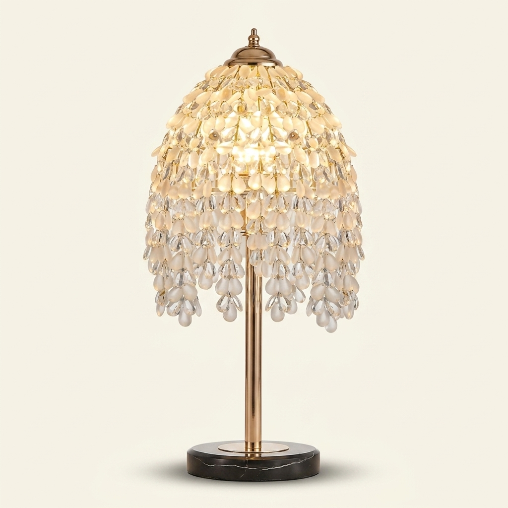 19 Inch Height Elegant Crystal Table Lamp Vintage Waterfall Design Wit on a warm cream background