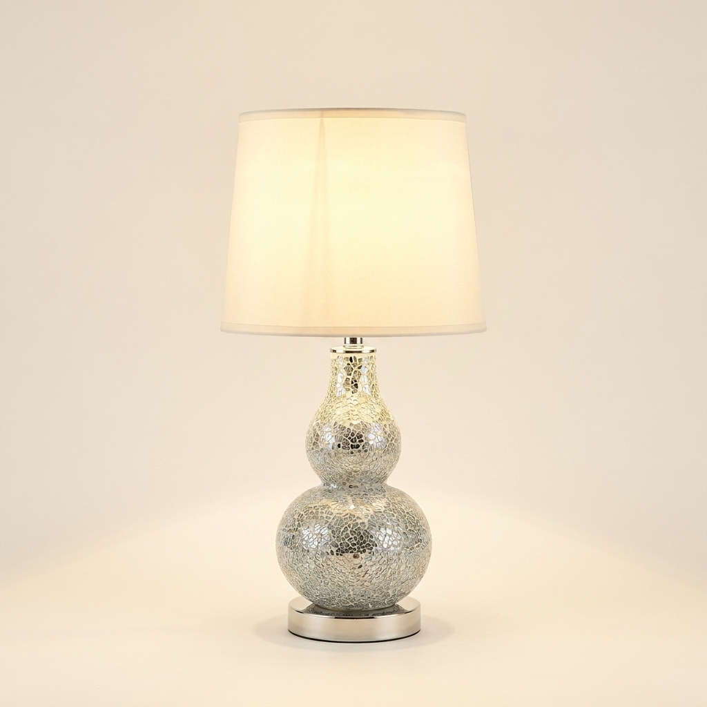 19.5 In Mirror Glass Mosaic Silver Chrome Polyresin Table Lamp on a warm cream background