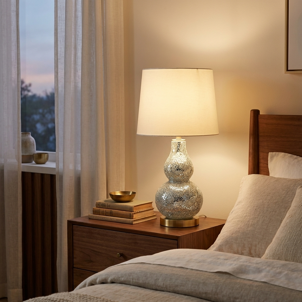 19.5 In Mirror Glass Mosaic Silver Chrome Polyresin Table Lamp styled in a warm modern interior