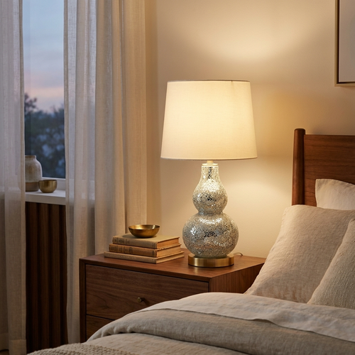19.5 In Mirror Glass Mosaic Silver Chrome Polyresin Table Lamp styled in a warm modern interior