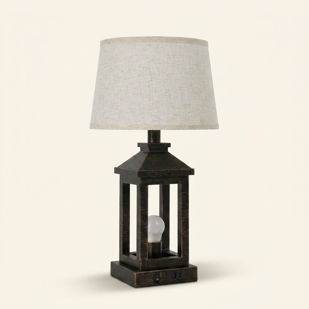 20.5in Black Gold Farmhouse Bedside Table Lamp on a warm cream background