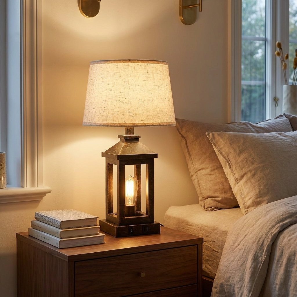20.5in Black Gold Farmhouse Bedside Table Lamp styled in a warm modern interior