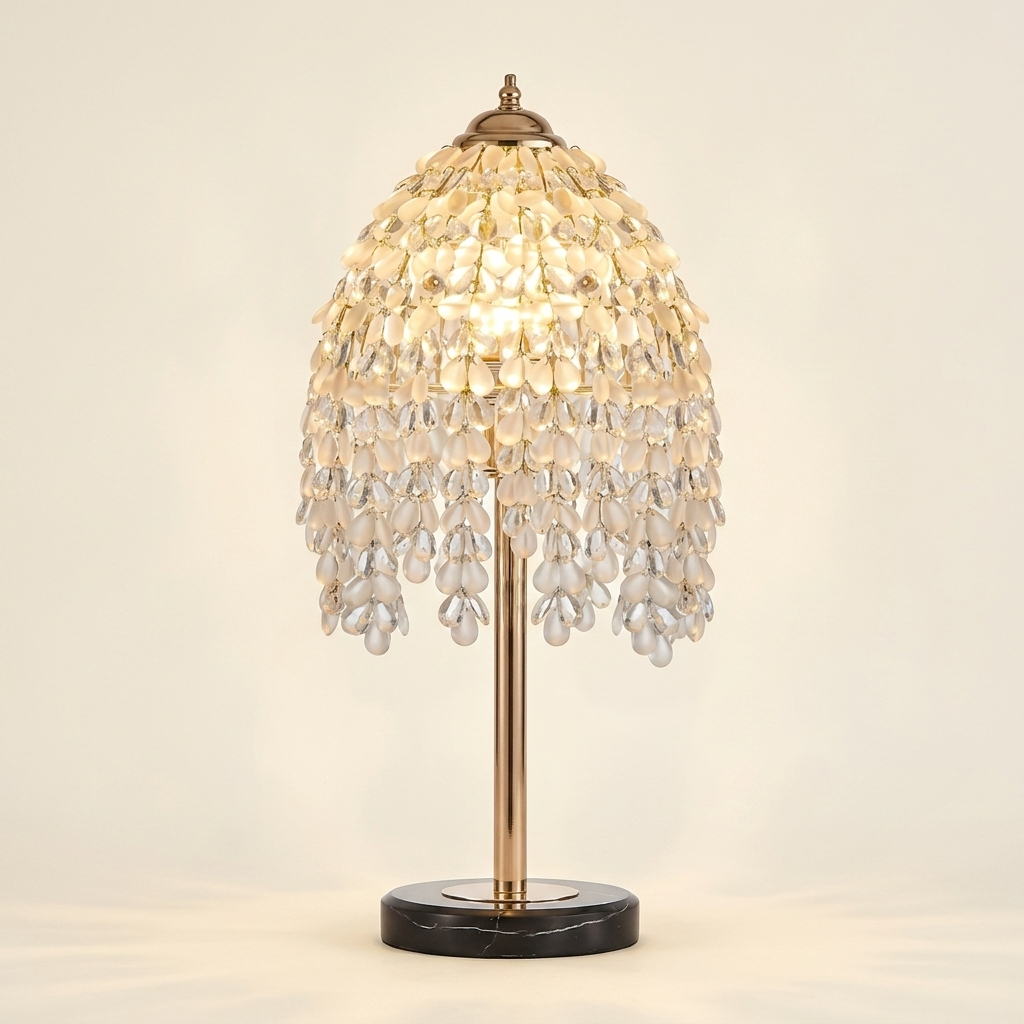 19 Inch Height Elegant Crystal Table Lamp Vintage Waterfall Design Wit on a warm cream background
