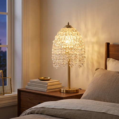 19 Inch Height Elegant Crystal Table Lamp Vintage Waterfall Design Wit styled in a warm modern interior