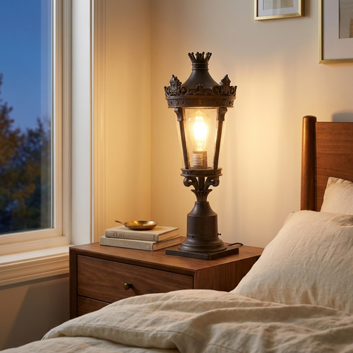 22 H Vintage Crown Outdoor Post Lantern styled in a warm modern interior