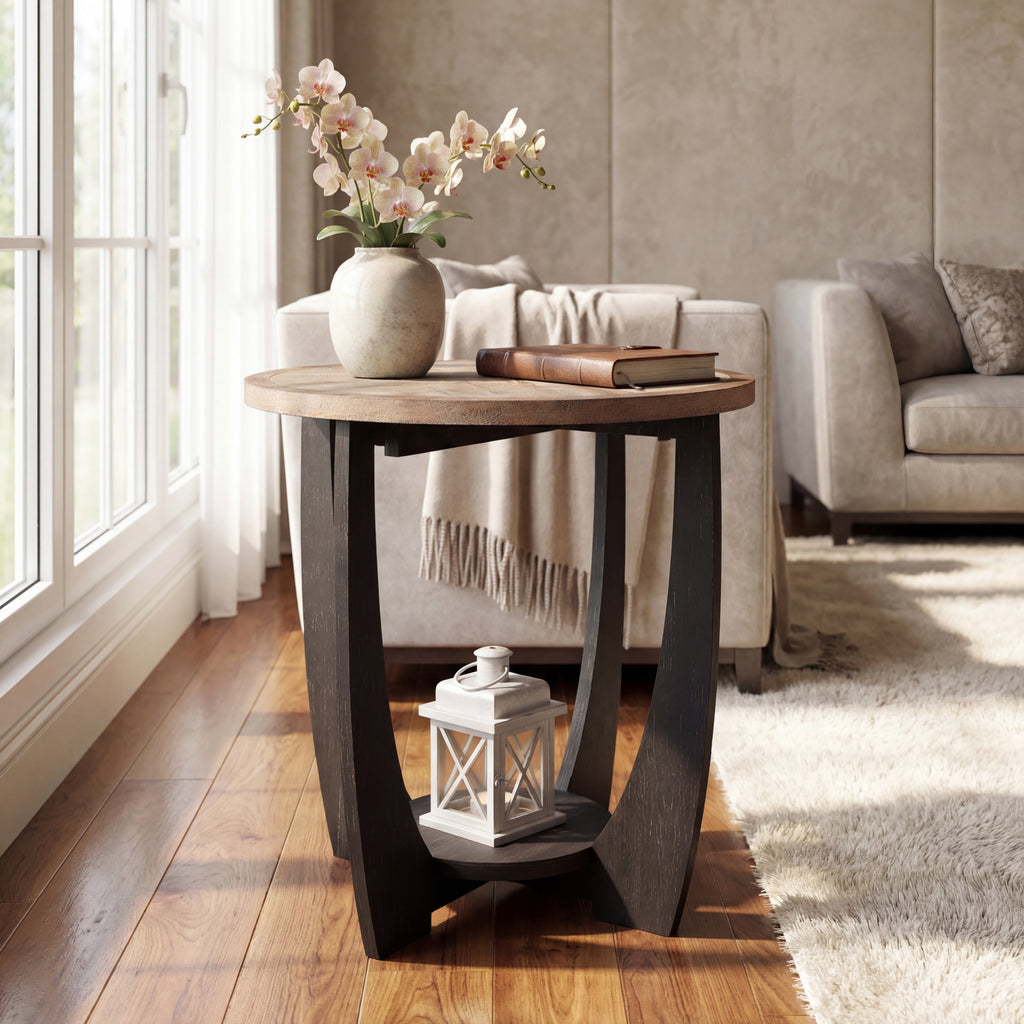 Rustic Round End Table | Storage Shelf